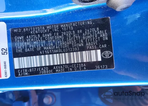 2020 Toyota Camry Se из США, поврежденный, VIN 4T1G11AK0LU312393